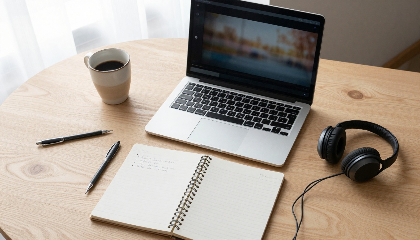 Overhead view of a laptop, notebook and headphones on an oak desk