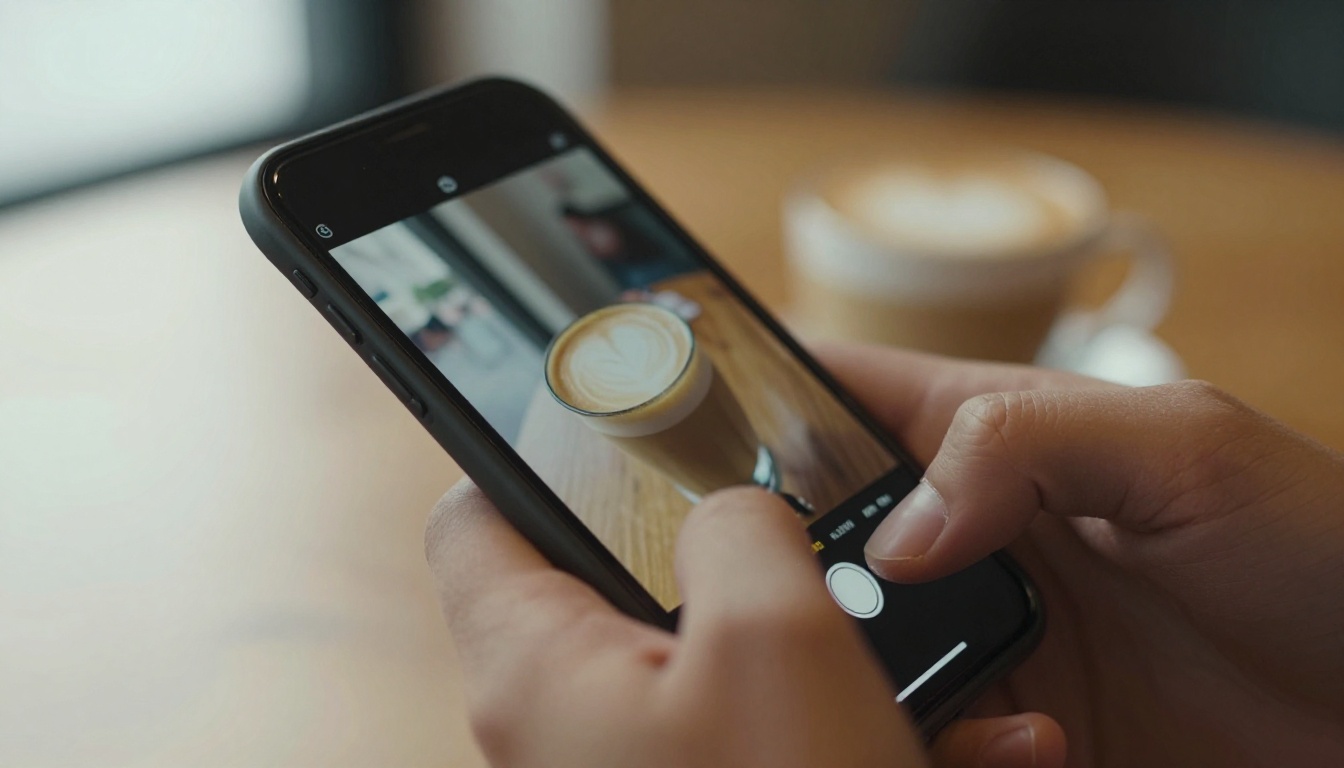 Close-up of a thumb tapping a smartphone screen in a cafe