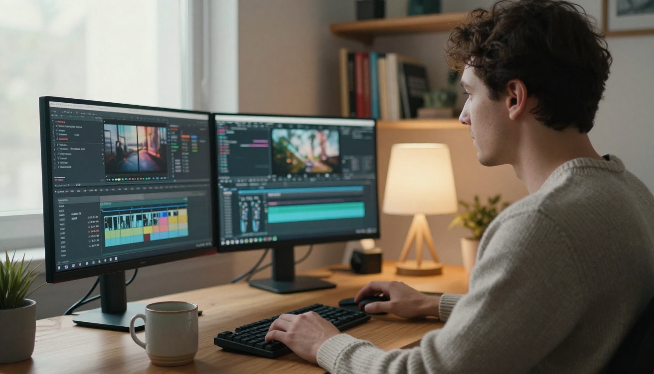 Video editor at a desk with two monitors in a warm home studio Video editor at a desk with two monitors in a warm home studio