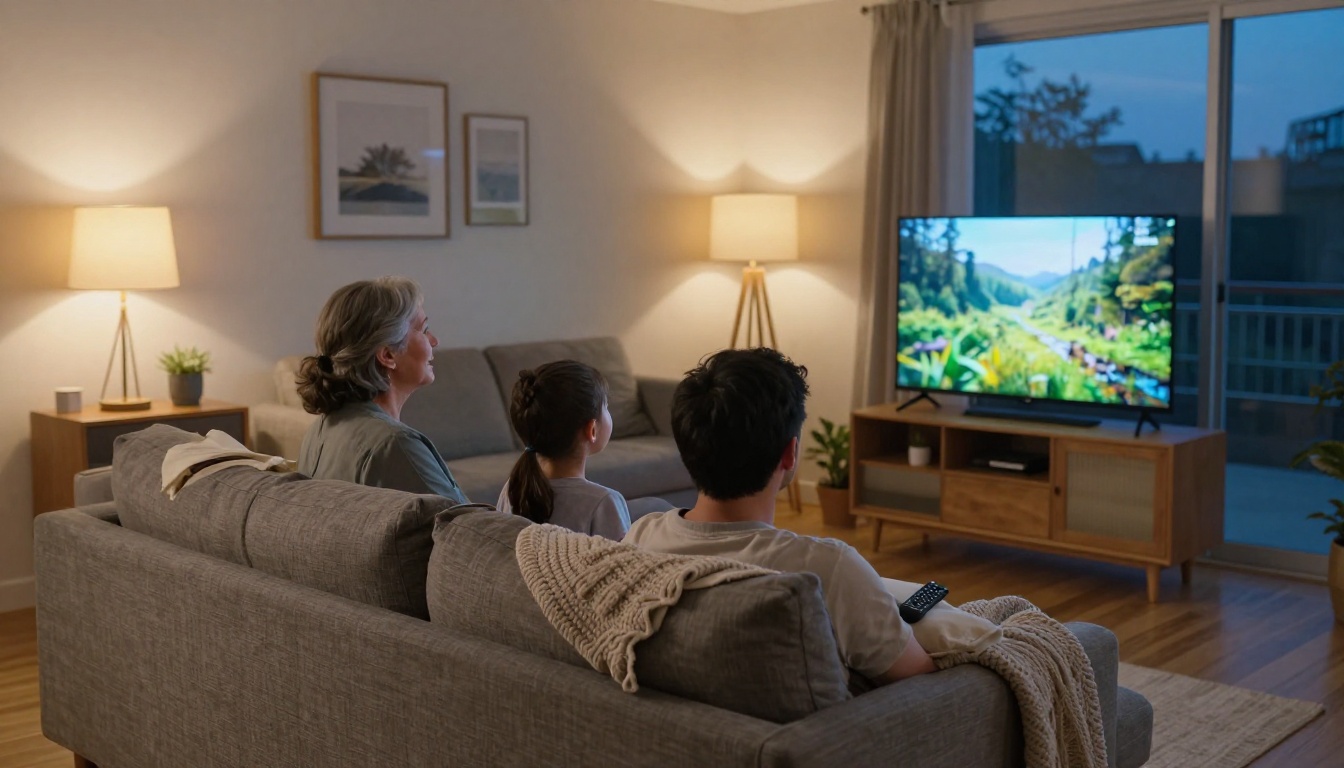 A bilingual family watching television together on a sofa in the evening
