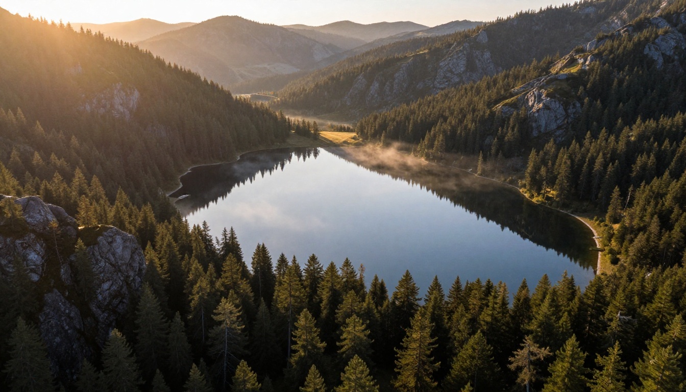 Aerial view of a pristine alpine lake at sunrise with no buildings or wires Aerial view of a pristine alpine lake at sunrise with no buildings or wires
