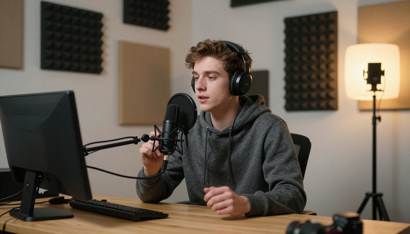 A creator speaking into a condenser microphone in a home studio