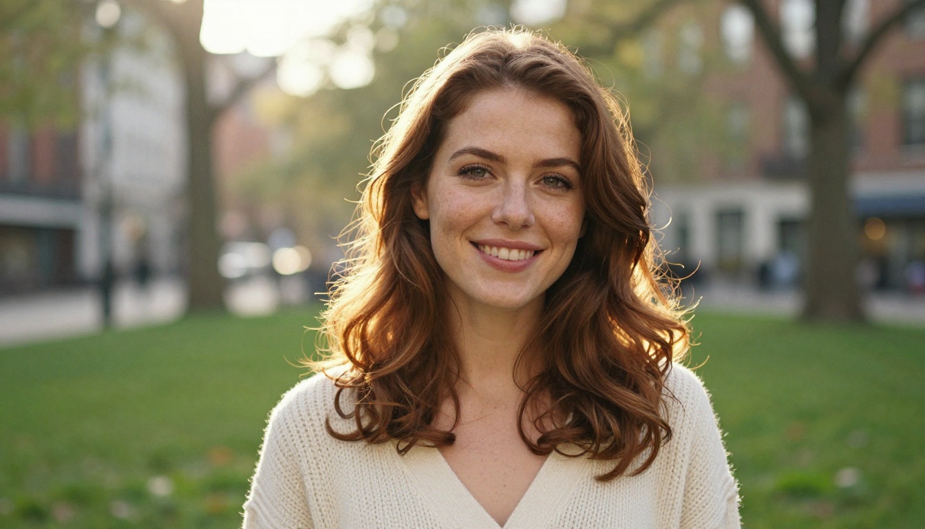 Smiling woman in a park at golden hour with a soft empty background Smiling woman in a park at golden hour with a soft empty background