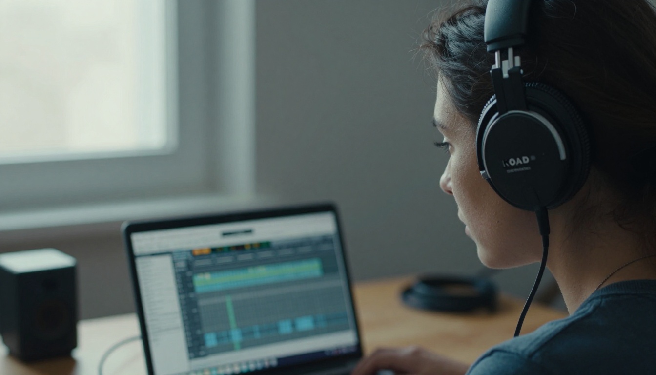 A woman in studio headphones reviewing audio on a laptop