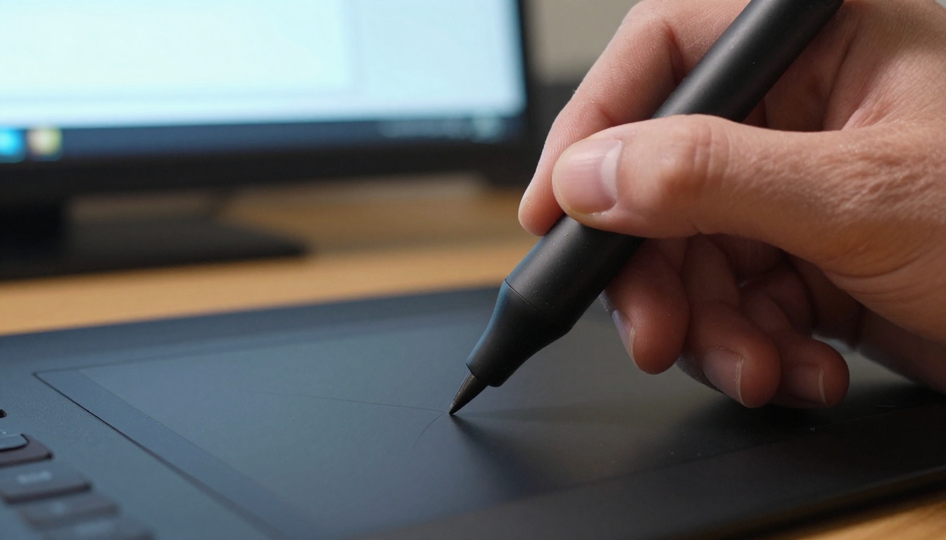 Close-up of a hand holding a stylus over a graphics tablet while tracing a mask Close-up of a hand holding a stylus over a graphics tablet while tracing a mask