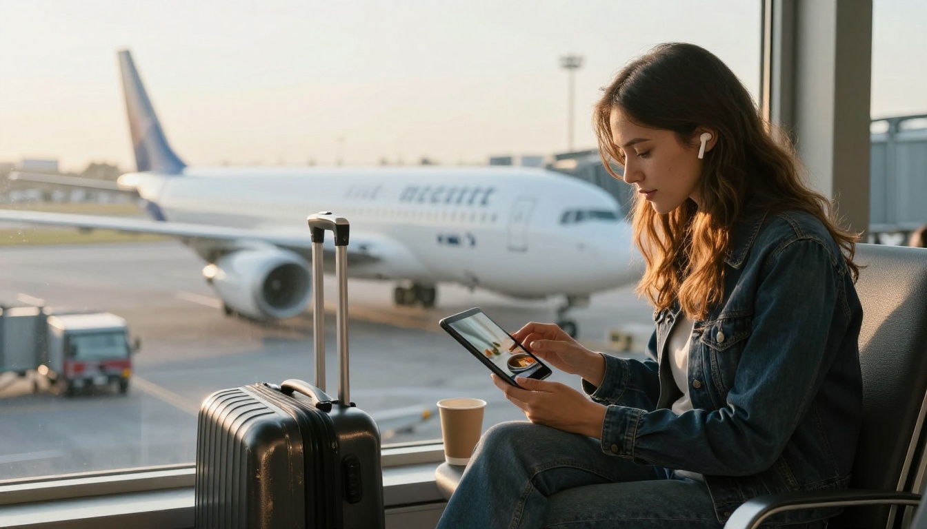 A traveler at an airport gate watching a video on a tablet with earbuds