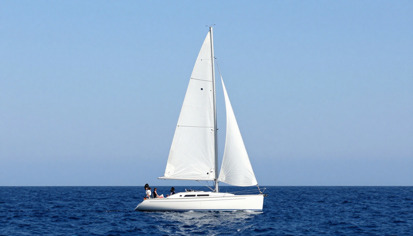 Single white sailboat on a calm blue sea with a clean horizon Single white sailboat on a calm blue sea with a clean horizon