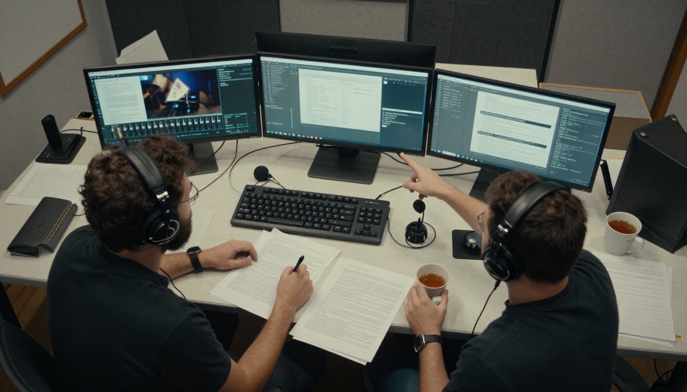 Two colleagues working at a mixing console in a small localization studio