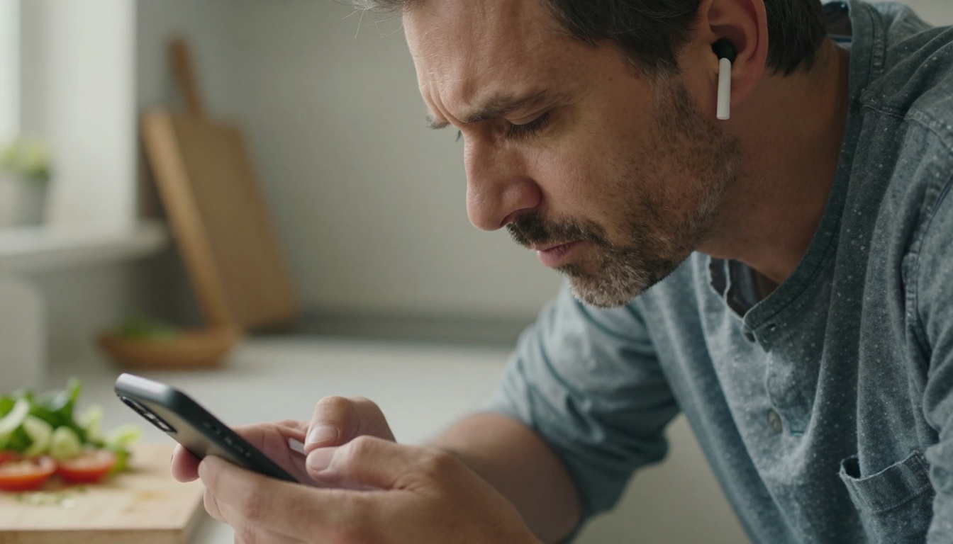 A man at a kitchen counter squinting at his phone with one earbud in
