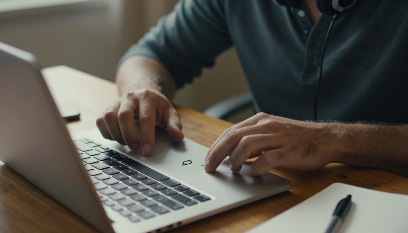 A man in a charcoal henley dragging an MP3 file onto his laptop in a sunlit apartment