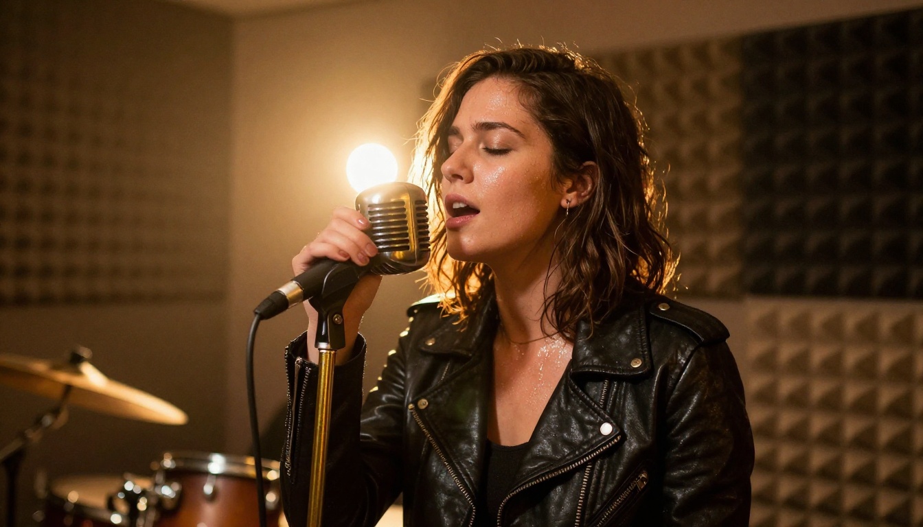 A female singer in a leather jacket performing into a vintage microphone in a rehearsal room