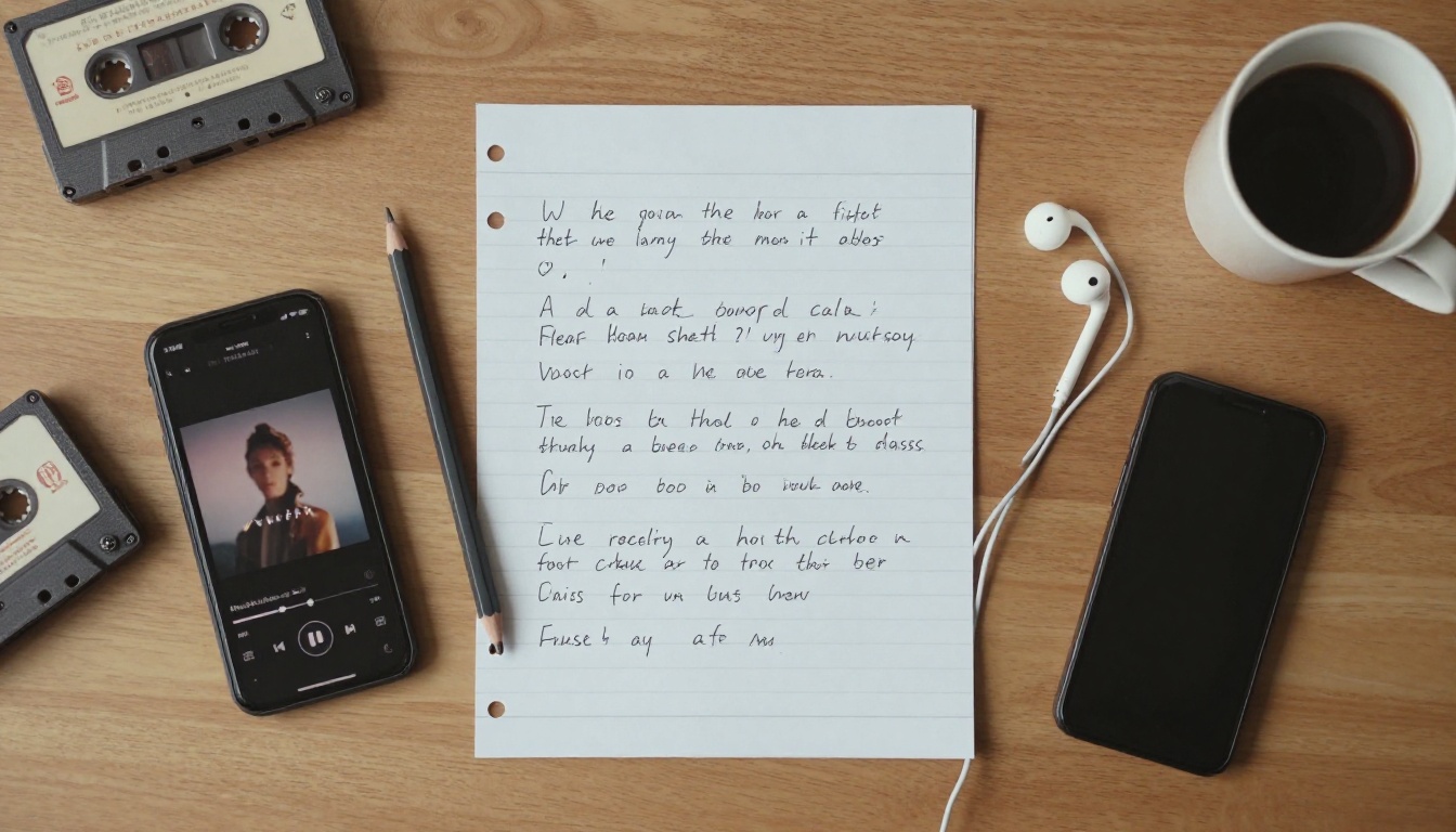 Handwritten song lyrics on lined paper next to a smartphone, earbuds and coffee on an oak desk