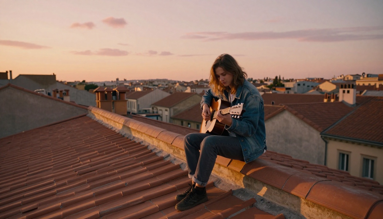 A guitarist in a denim jacket sitting on a terracotta rooftop at sunset with an acoustic guitar