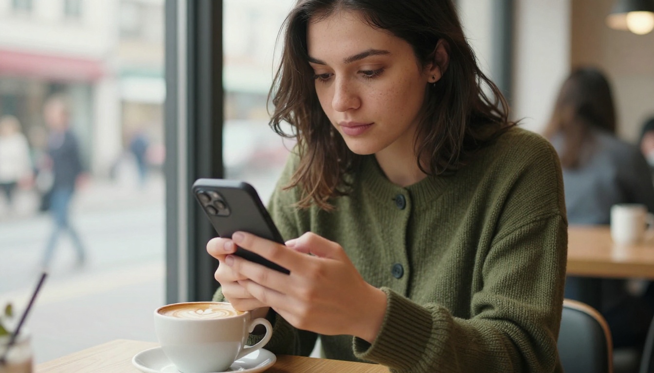 A content creator reviewing a short vertical video on her phone in a bright cafe