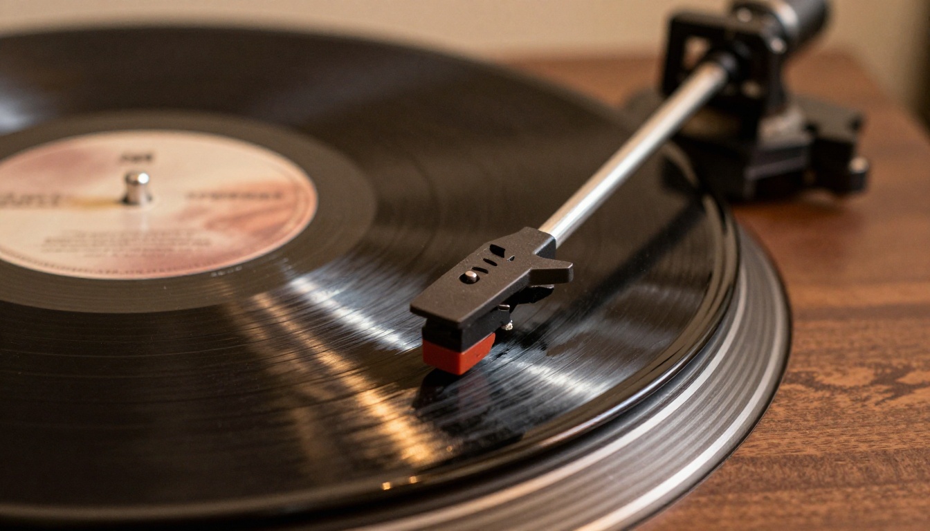 A vinyl record spinning on a walnut turntable in warm side light