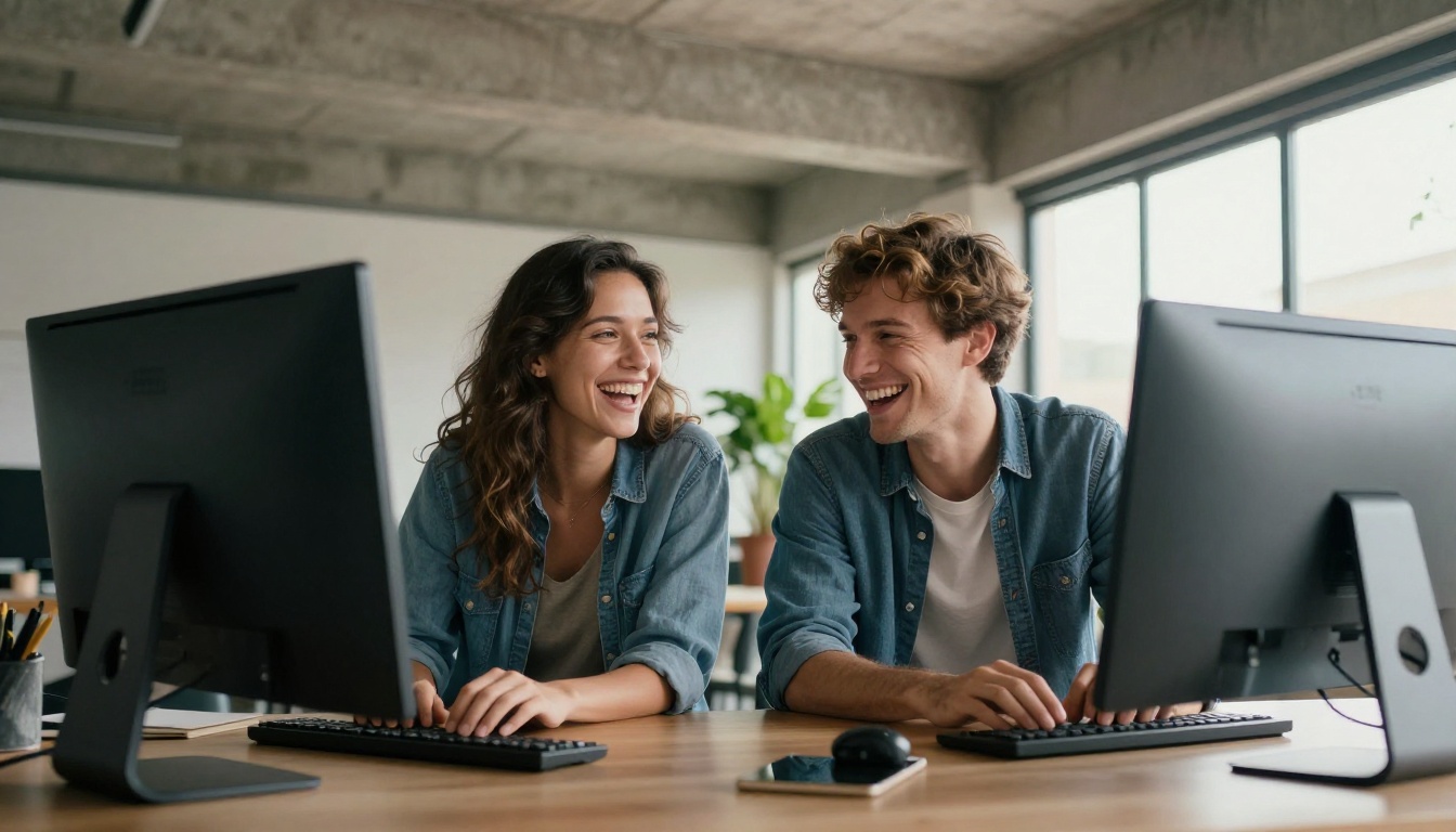 Two friends laughing as they watch a finished music video on a desktop monitor in a loft office
