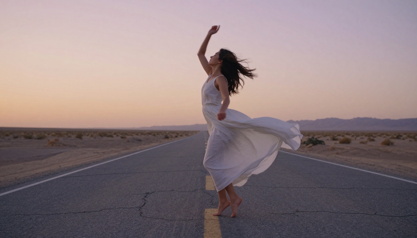 A young woman in a white dress dancing on an empty desert road at dusk