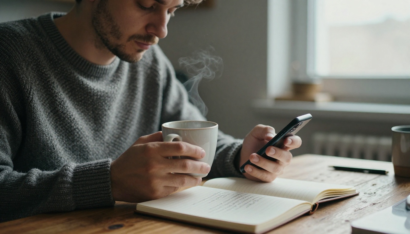 A man in a knit sweater hums a melody into a smartphone propped against a mug on a wooden kitchen table