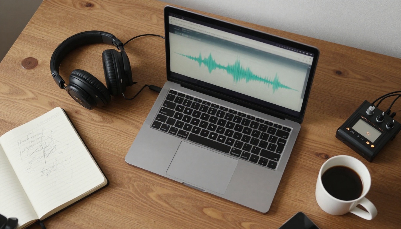Top-down view of a wooden desk with a laptop, studio headphones, an audio interface, a notebook, and a coffee