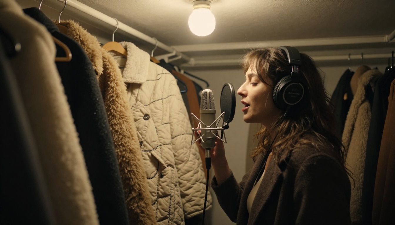 A woman wearing headphones sings into a condenser microphone inside a closet padded with hanging wool coats