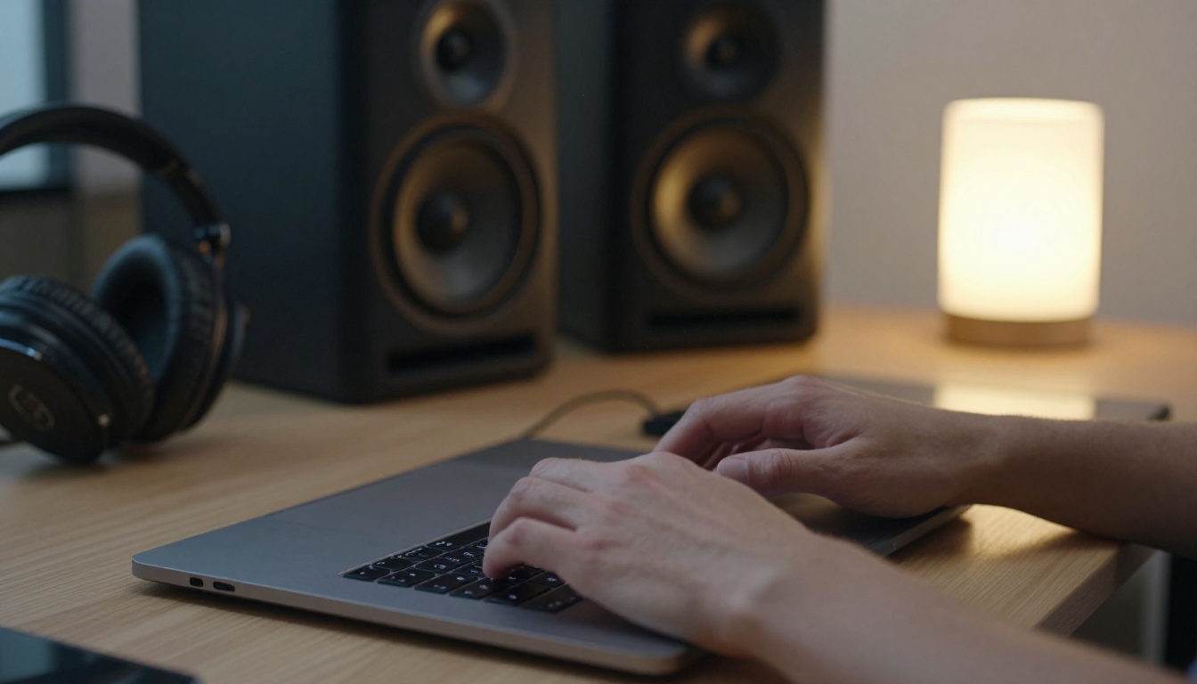 Close-up of a producer's hands on a laptop trackpad with studio monitors blurred behind