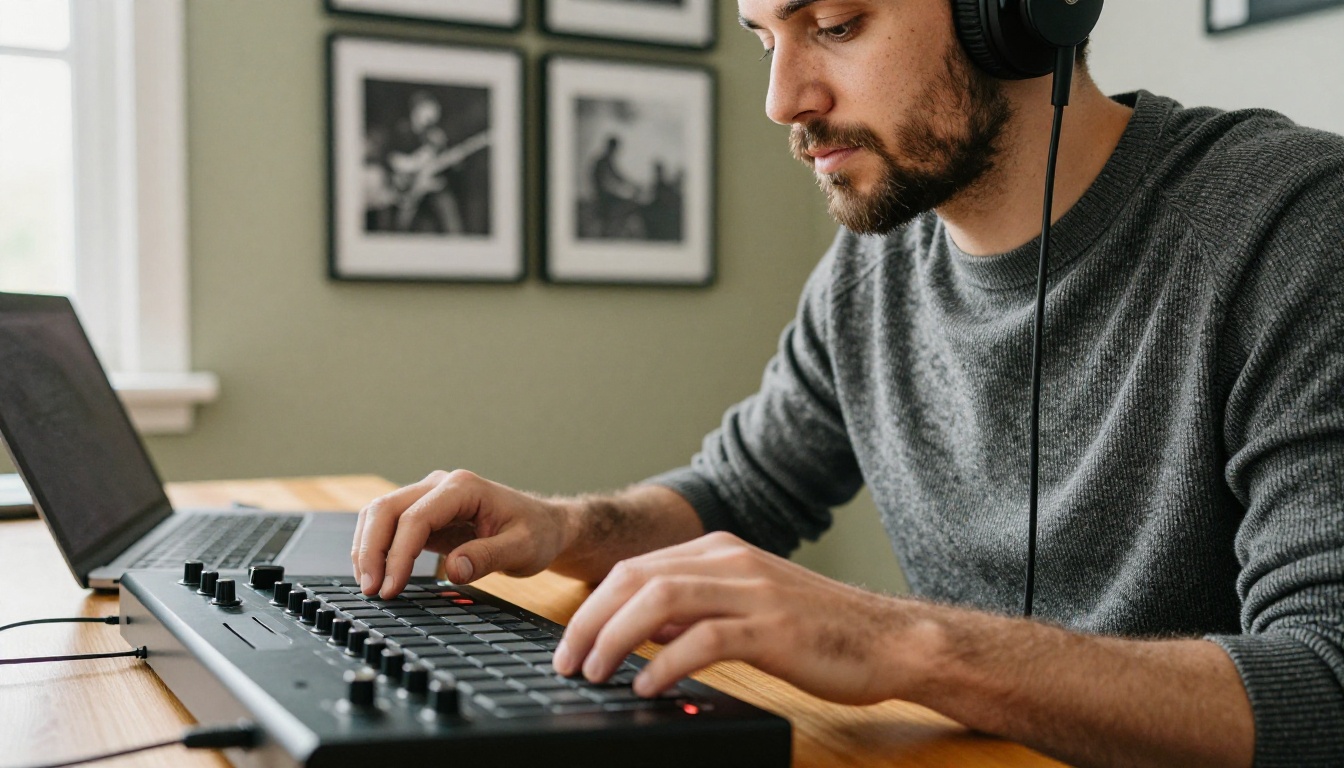 A songwriter in studio headphones working at a wooden desk with a laptop and a MIDI controller