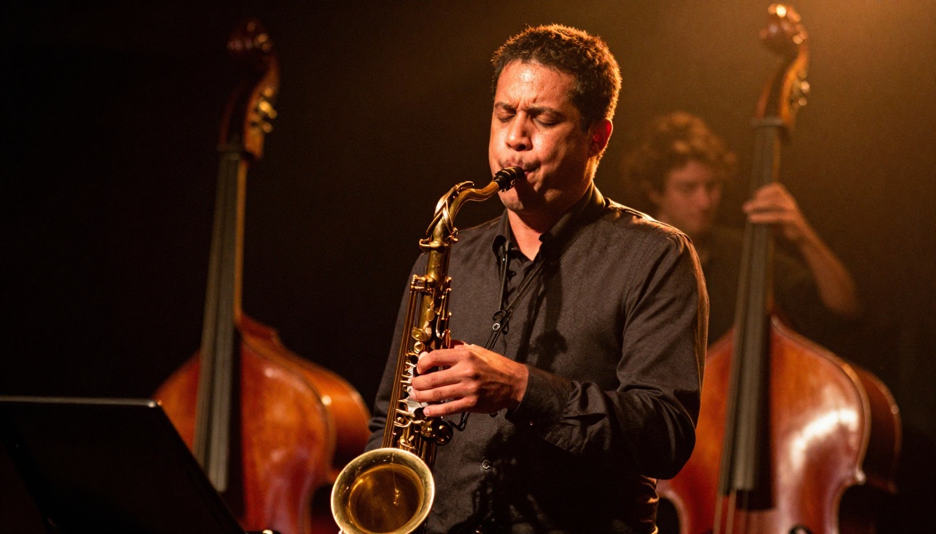 A saxophonist plays a tenor saxophone on a small stage in a warmly lit jazz club