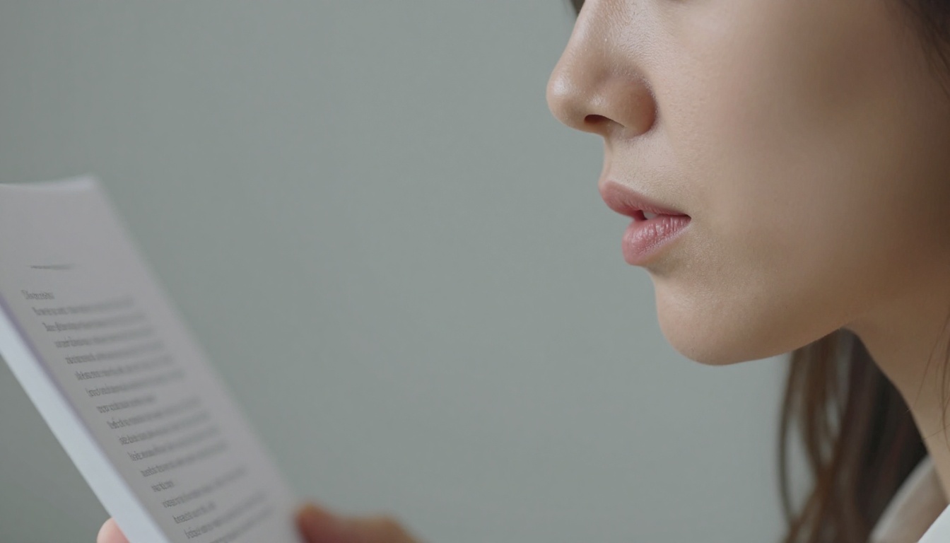 Extreme close-up profile of a young woman speaking into a microphone with a pop filter