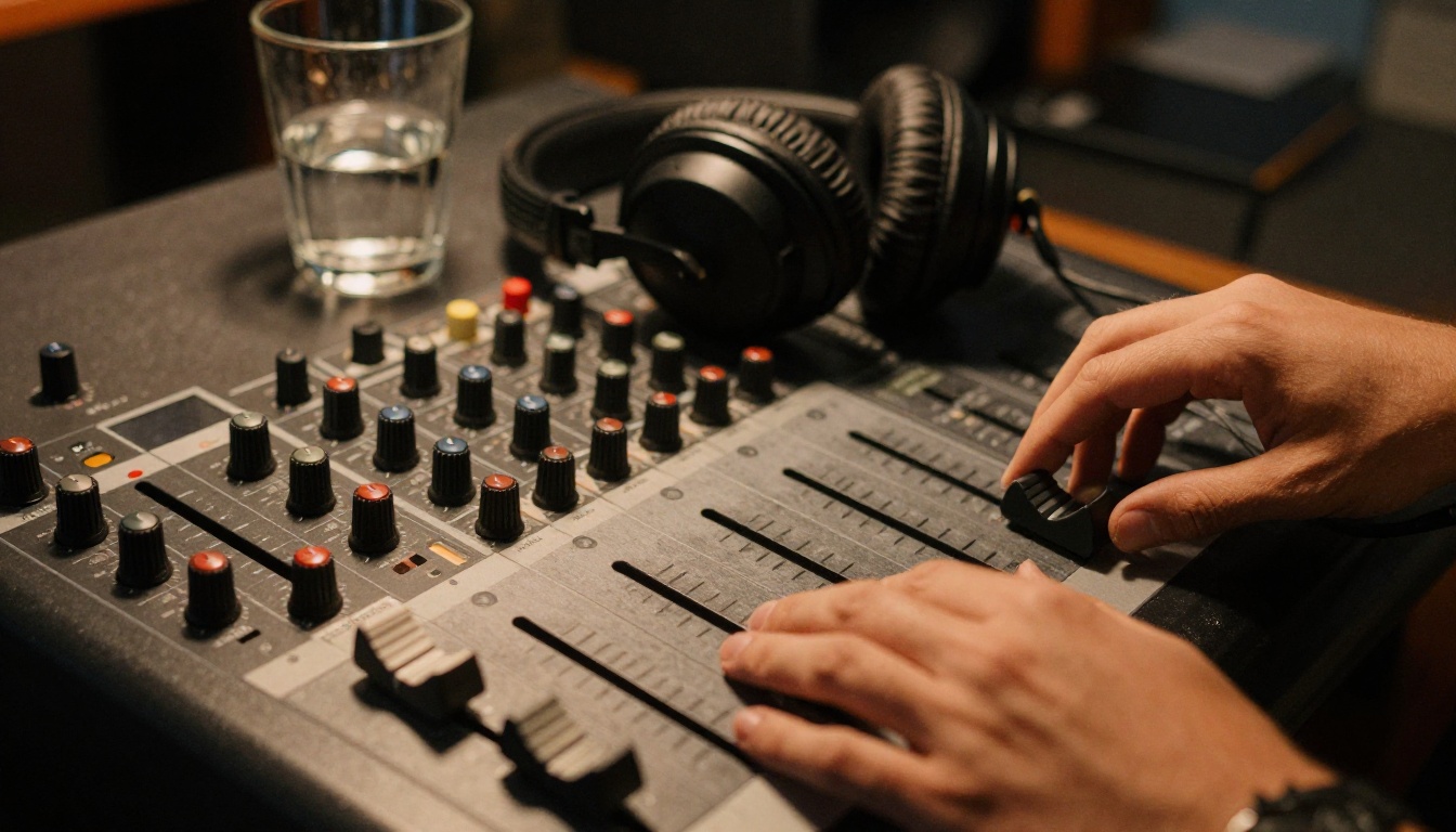 Two hands sliding faders on a compact mixing console with headphones resting on top