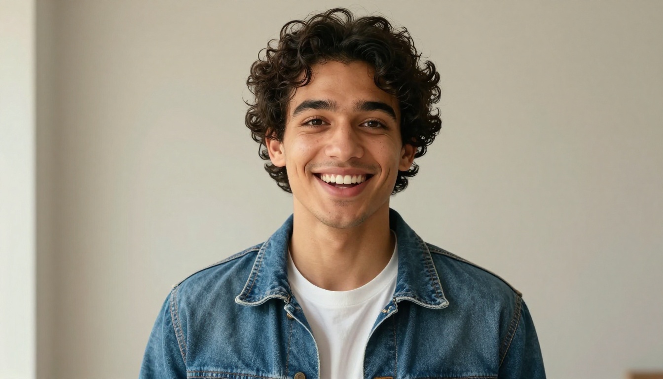 A smiling young man with curly dark hair sings toward the camera in front of a plain gray wall