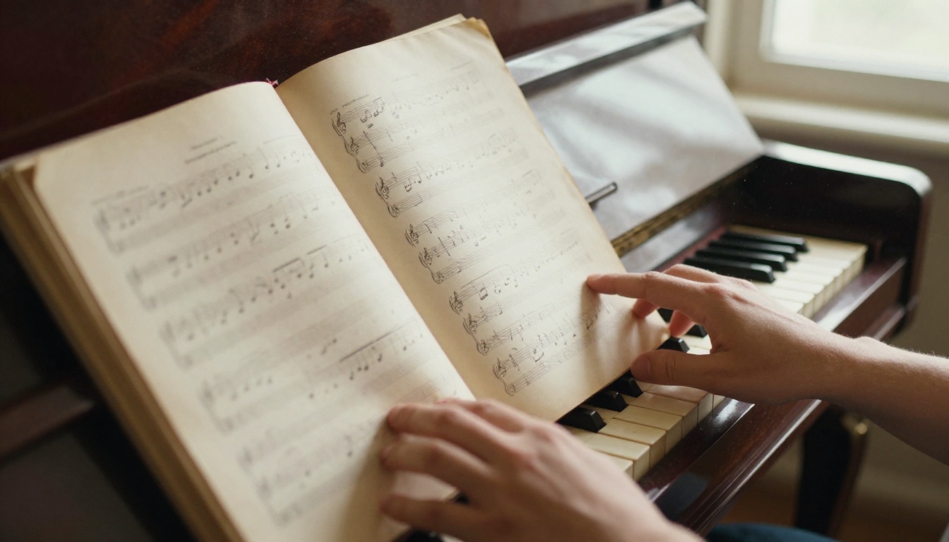 An upright piano with an old songbook open on the stand and two hands resting on the piano