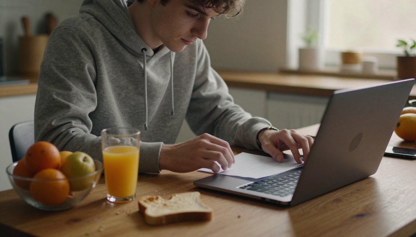 A young man in a grey hoodie typing a short voiceover script into a laptop at a kitchen table
