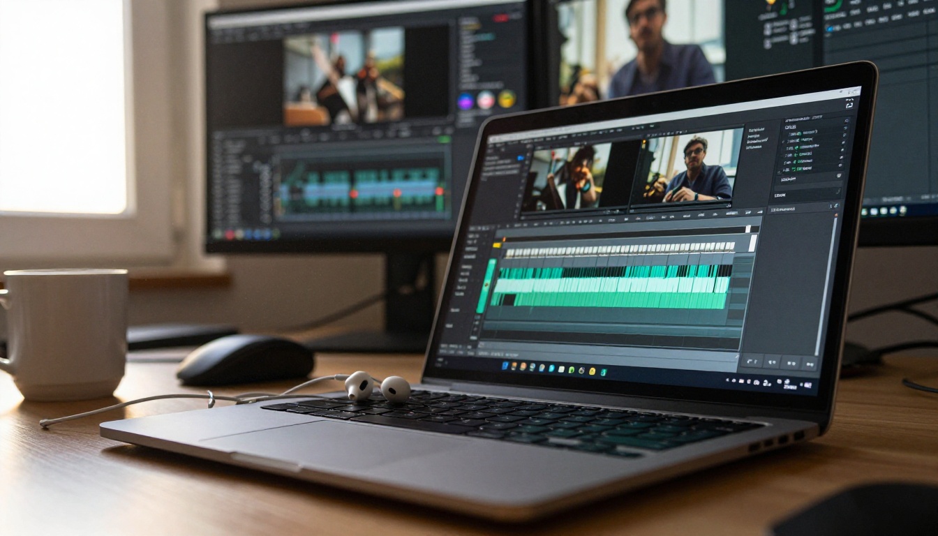 Laptop showing a video editing timeline with a long audio waveform beside a coffee mug
