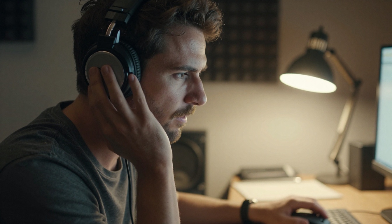 A man wearing over-ear headphones checking an audio take in a small home studio