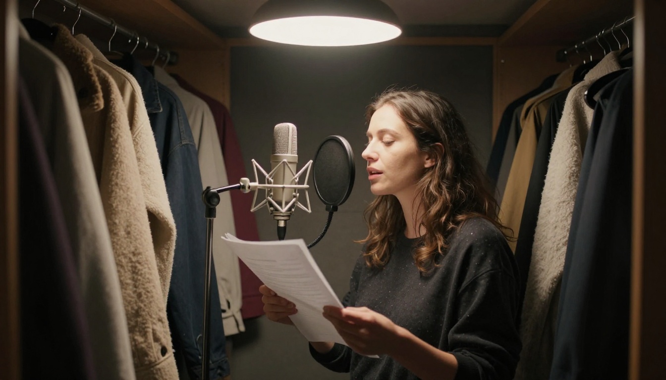 A woman recording her own voice in a closet turned into a vocal booth