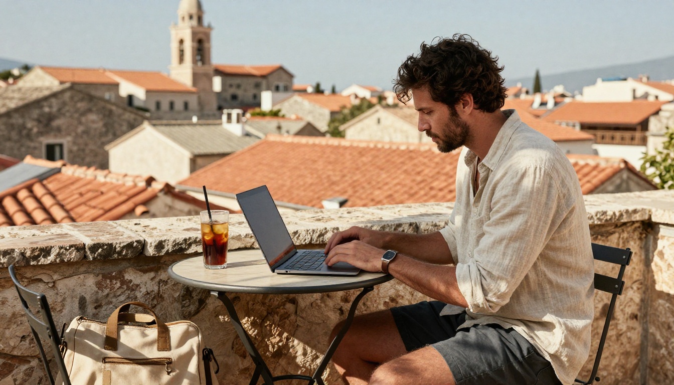 A travel vlogger working on a laptop on a sunlit rooftop terrace
