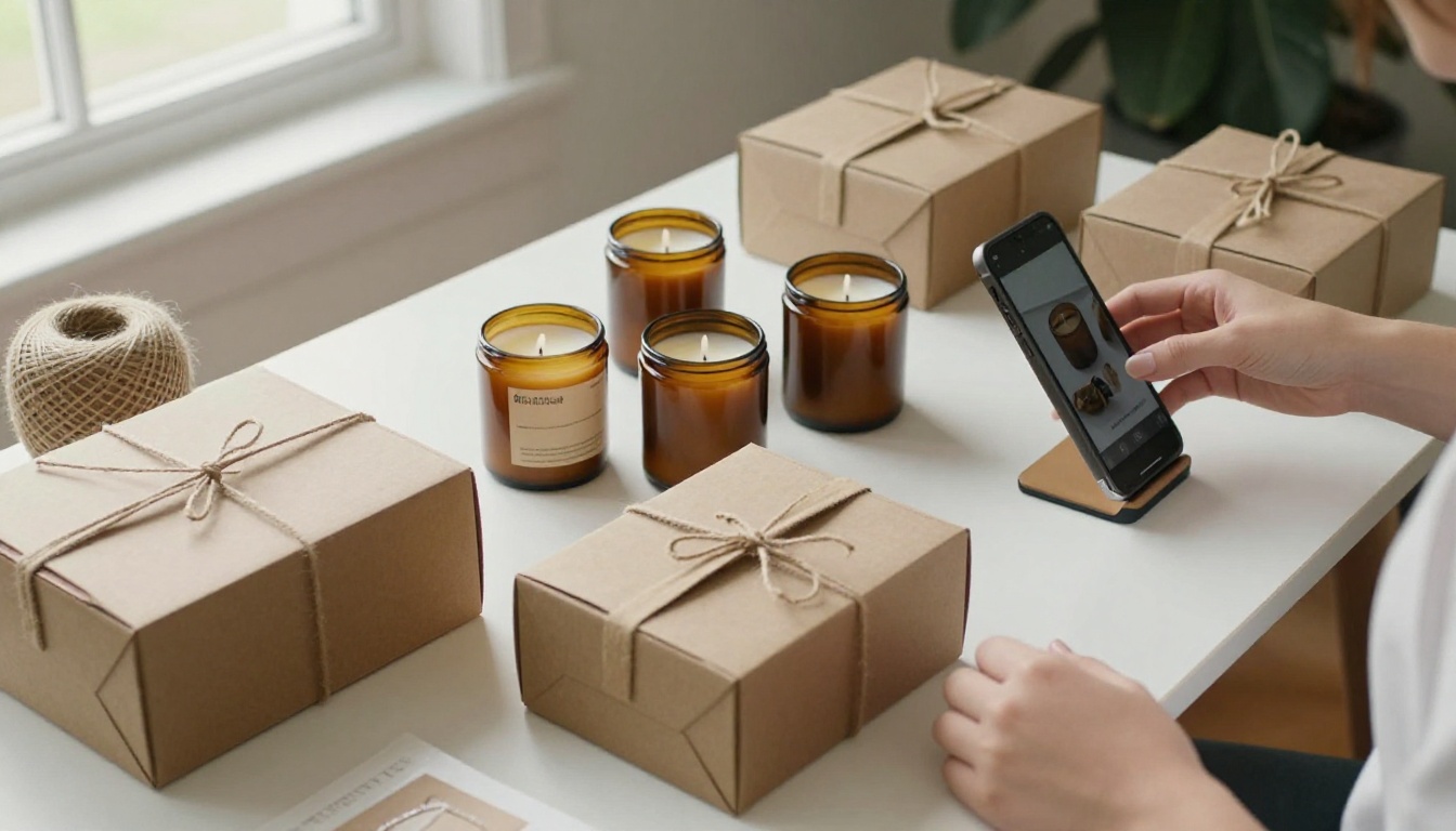 A shop owner filming handmade candles on a packing table