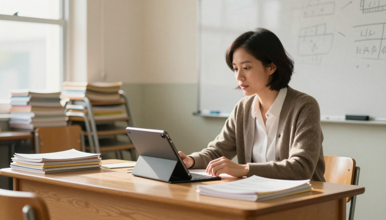 A teacher recording a lesson explainer with a tablet at a classroom desk