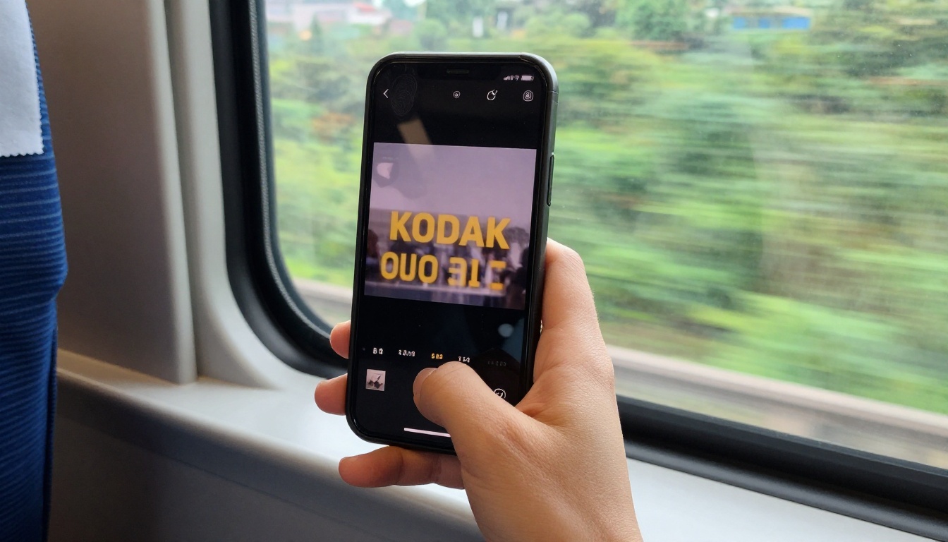 A commuter on a train watching a vertical video with the sound off