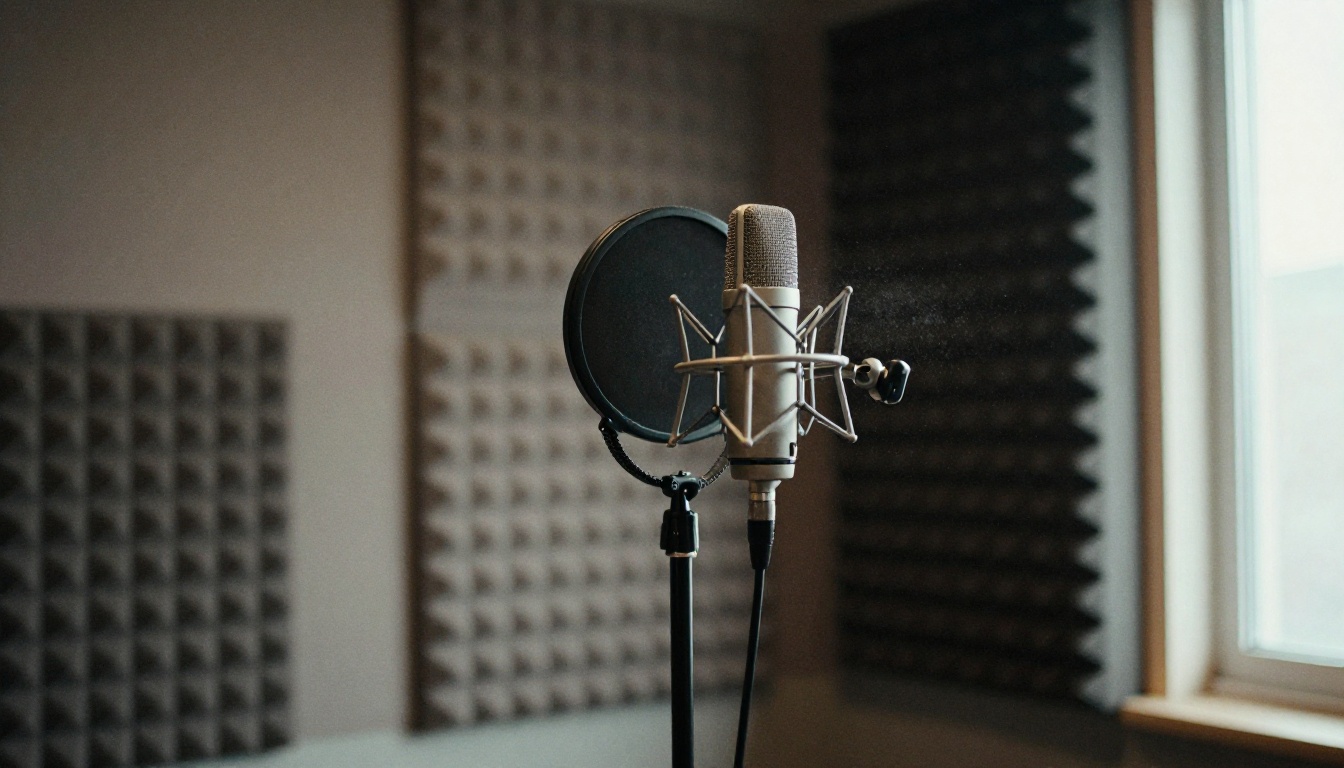 Empty home recording booth with a dusty condenser microphone and acoustic foam panels