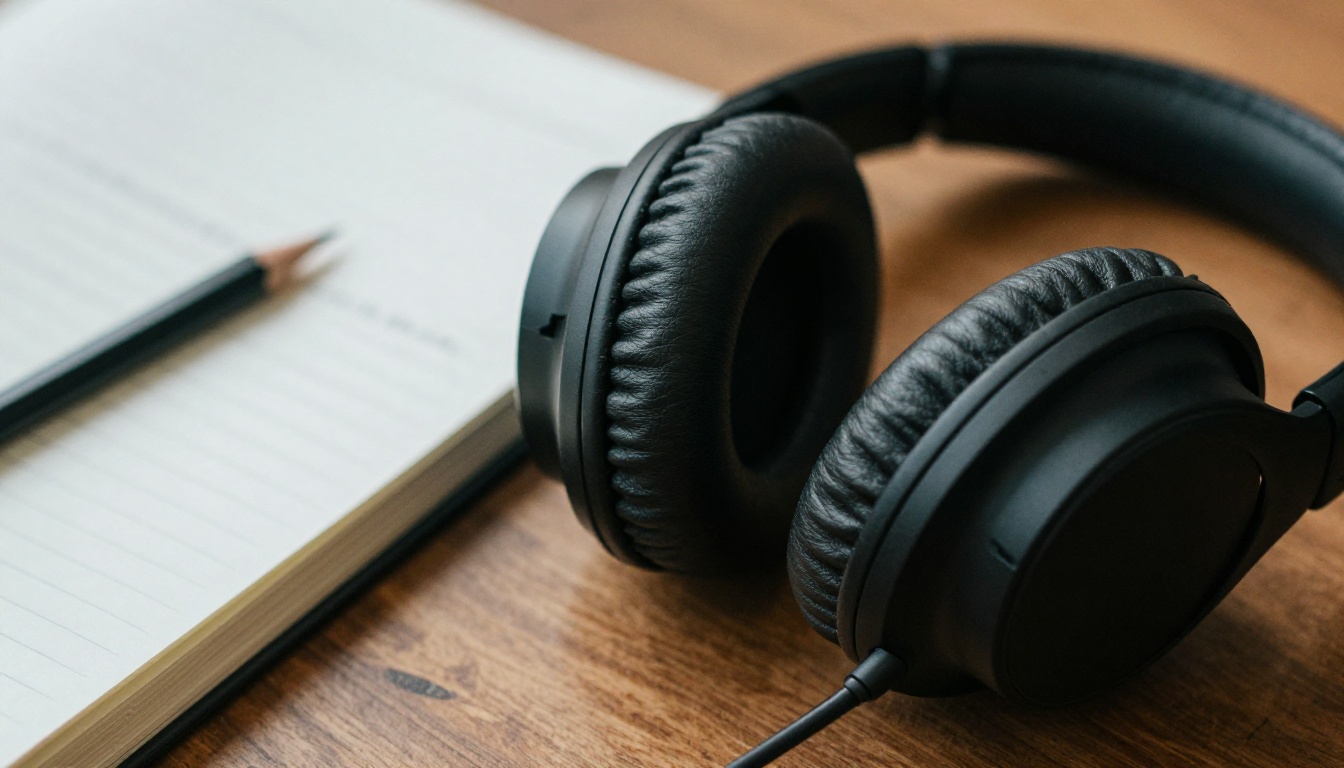 Studio headphones resting on a walnut desk beside a handwritten notebook