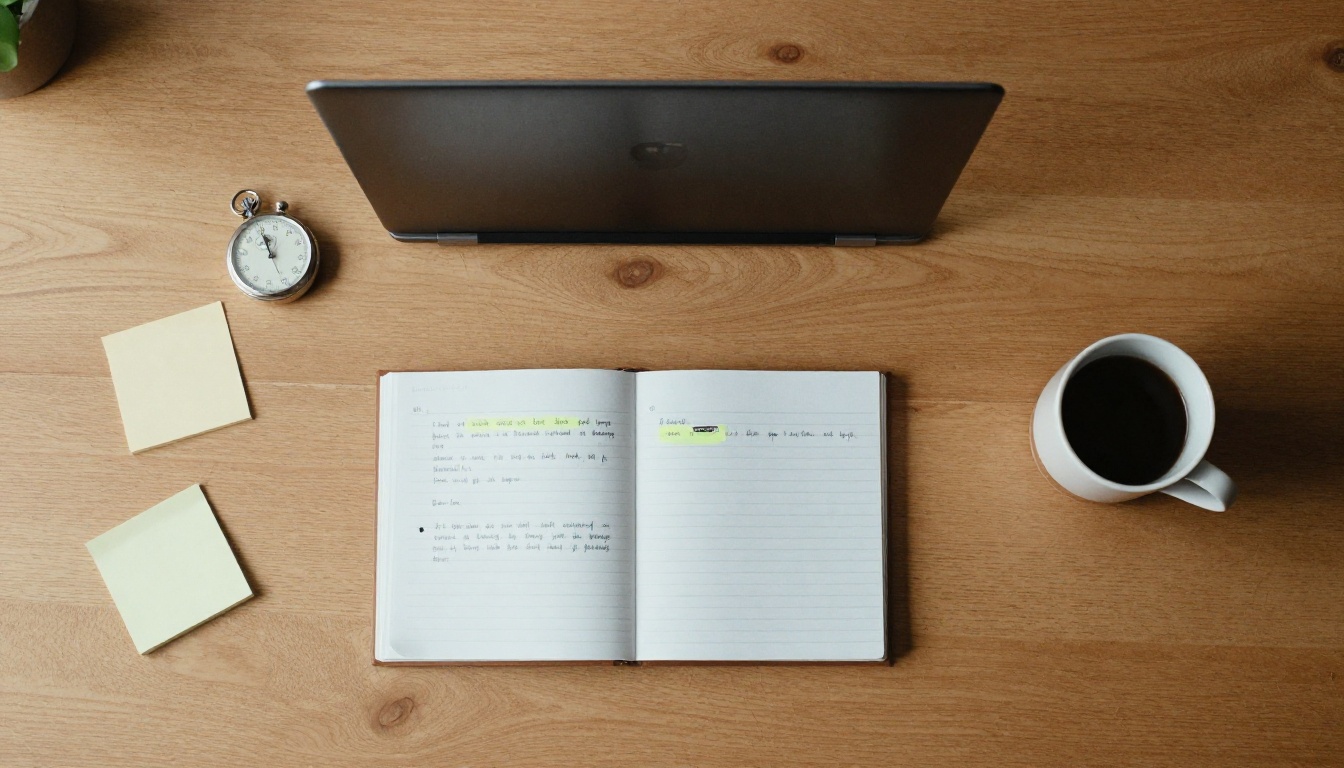 Top-down view of an oak desk with a printed script, laptop, coffee and stopwatch