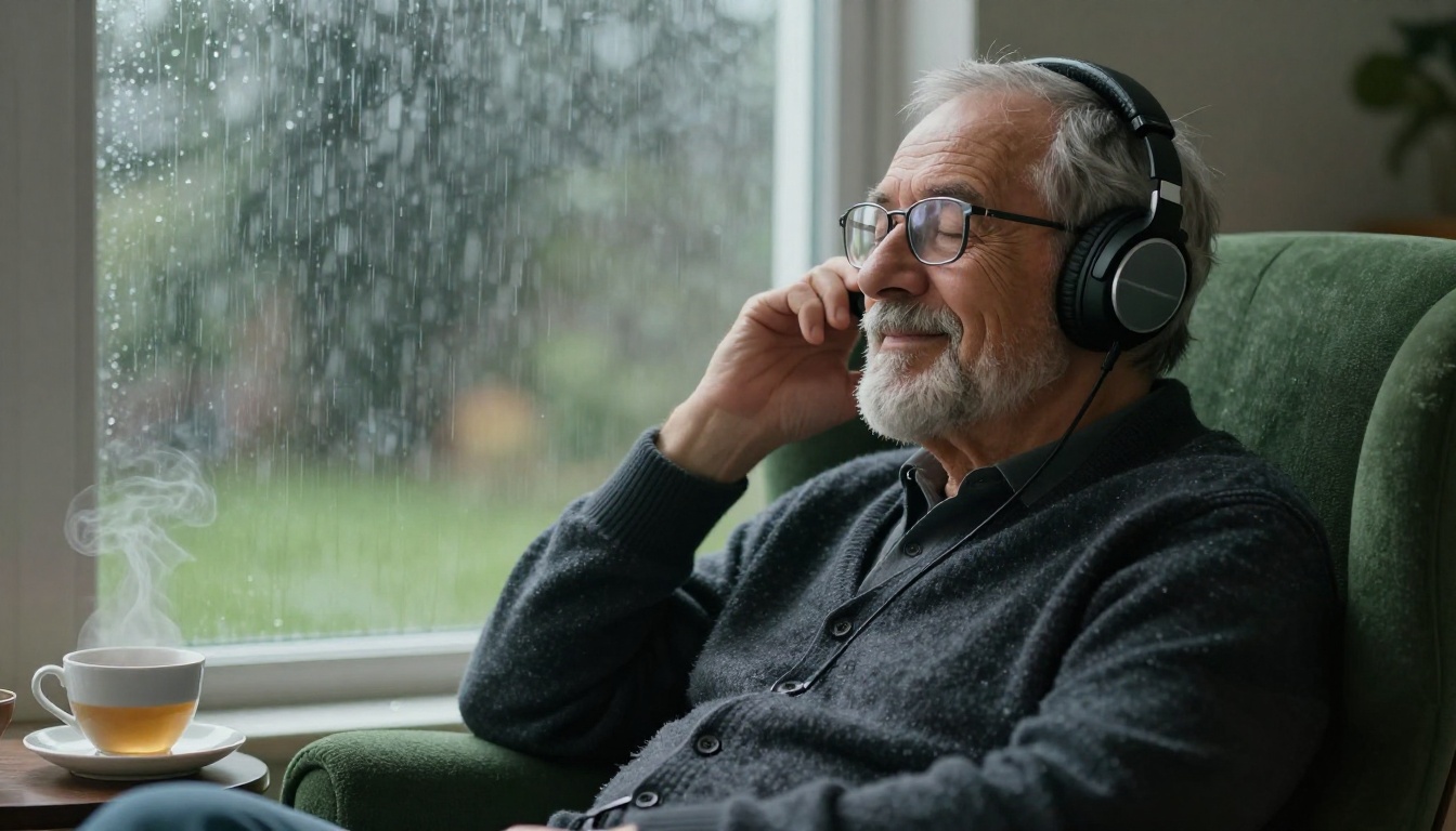 Older man with a white beard listening to a story through headphones in an armchair on a rainy day
