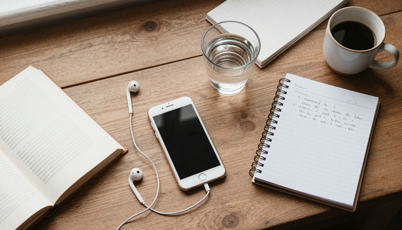 Overhead view of a wooden desk with a phone, earbuds, a paperback novel and handwritten notes
