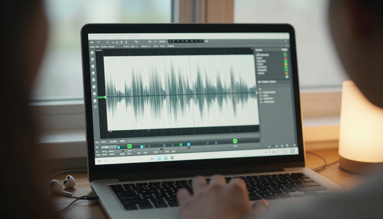 Hand on a laptop trackpad with an audio waveform editor on screen