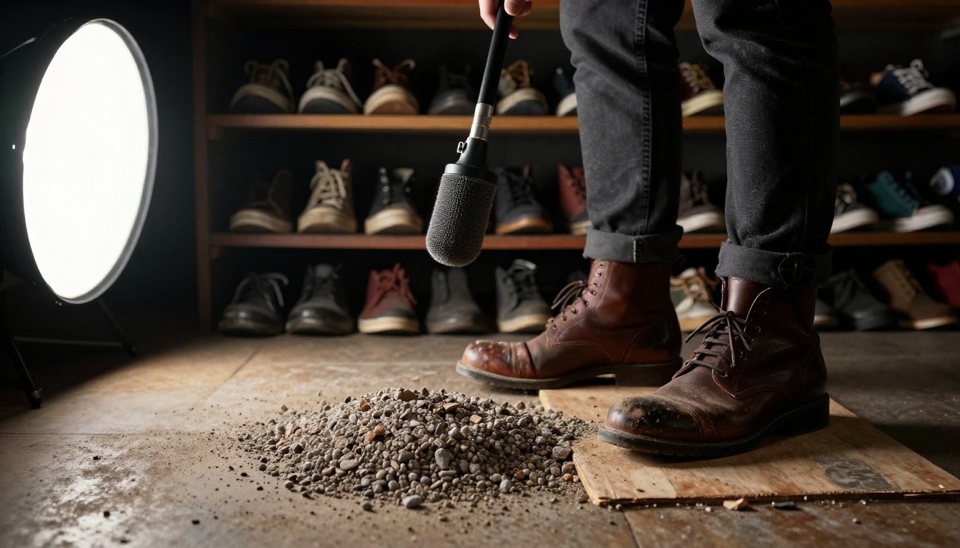 A foley artist stepping on a gravel box beneath a boom microphone