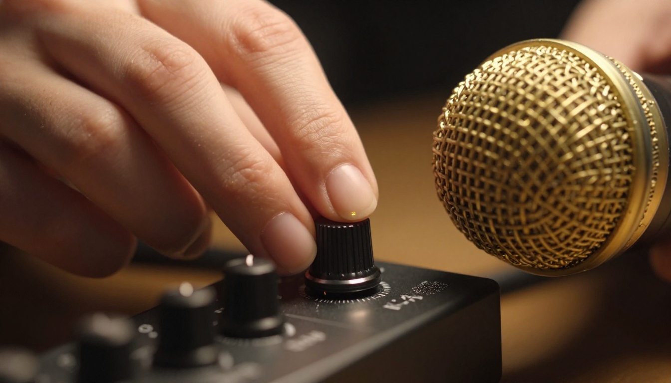 Hand turning a gain knob on a USB audio interface beside a condenser microphone