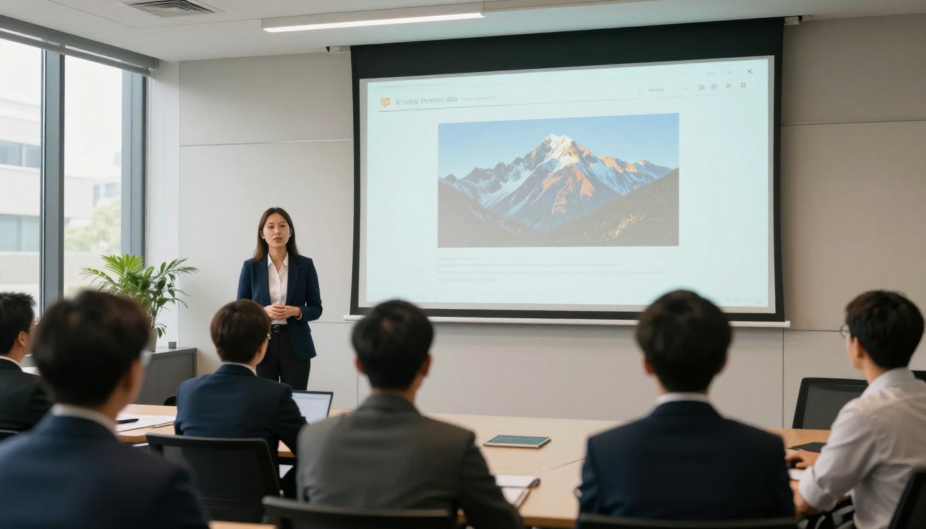 Presenter beside a projector screen in a bright meeting room