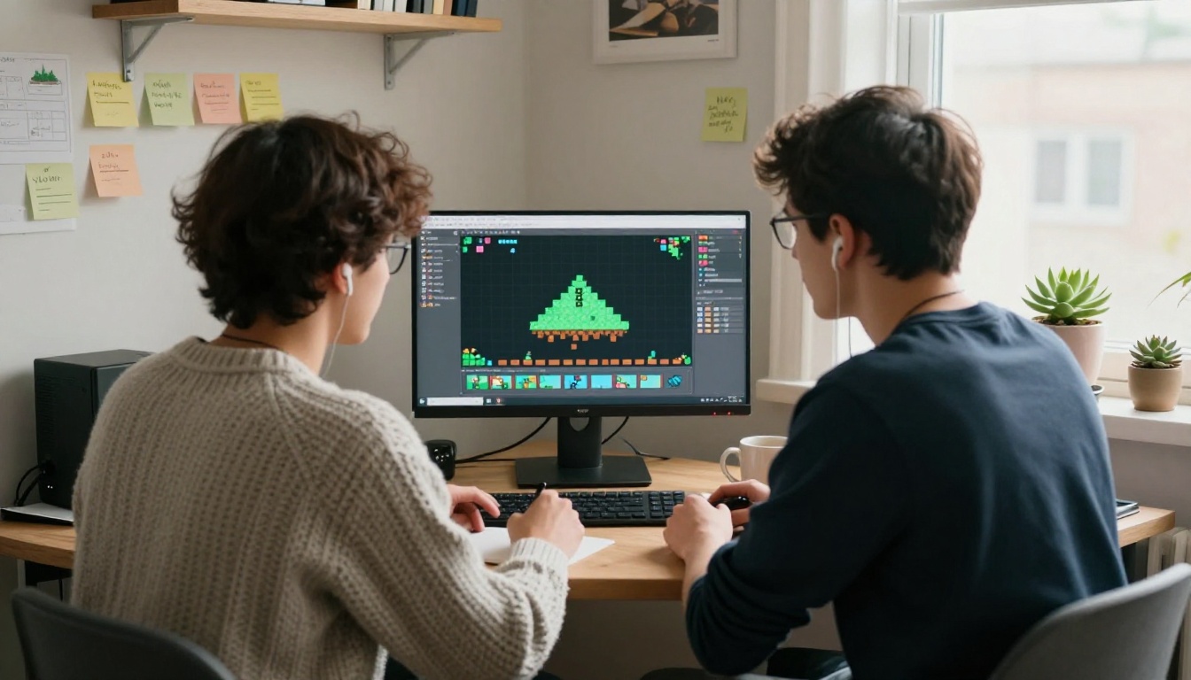 Two indie game developers reviewing a pixel art platformer on a shared desk