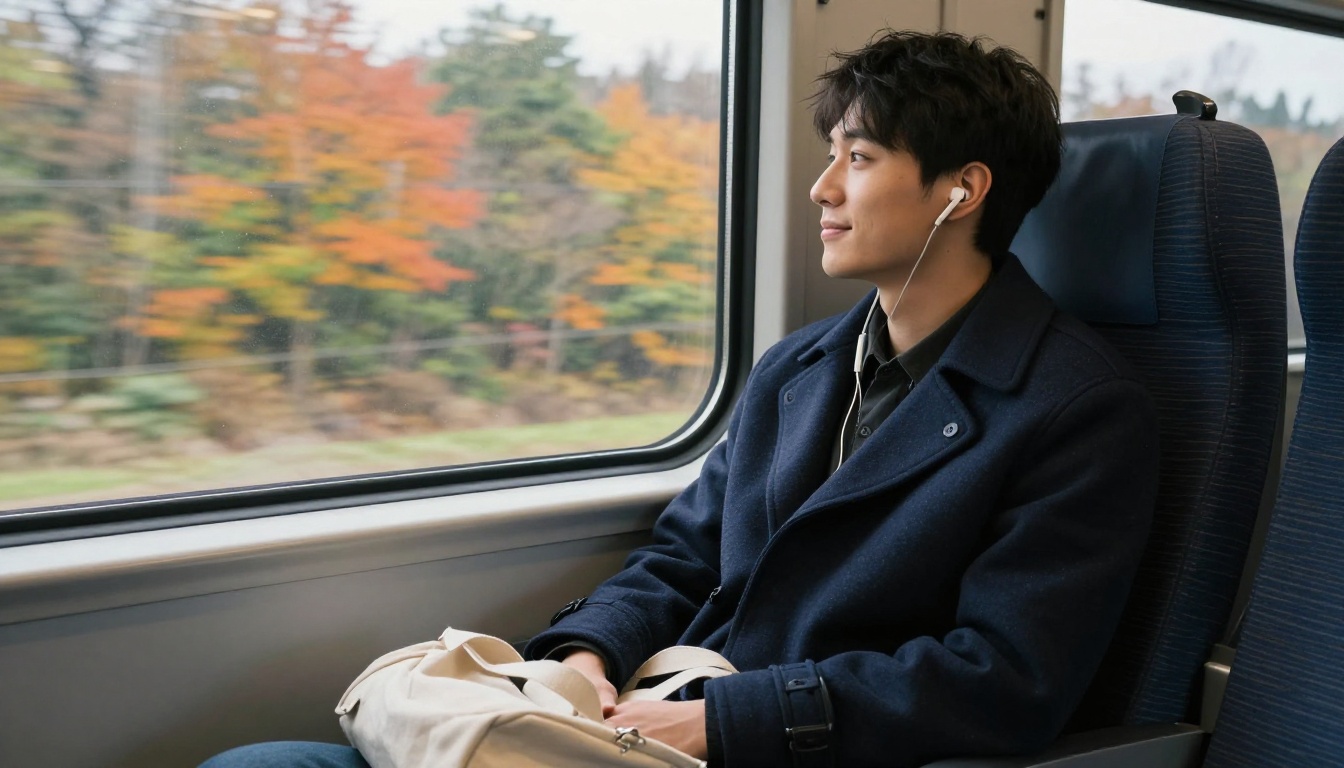 Commuter wearing earbuds on a regional train looking out at autumn trees